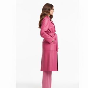 Women Long <b>Trench</b> <b>Coat</b> Pink Woven Polyester Belted Turn-down Collar Full Sleeve Solid Color Autumn Outerwear - Product Image 3
