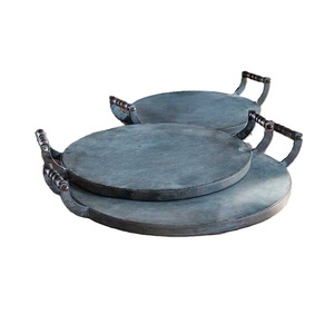 Ensemble de 2 plateaux de service en métal galvanisé avec poignées, forme ronde, en fer, décoratifs, pour la cuisine - Product Image 2