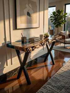 <b>Black</b> Ocean Epoxy Resin <b>Console</b> <b>Table</b> Live Edge Wood Living Room Furniture Handmade Modern Luxury Durable Floor Mount Indoor Use - Product Image 1