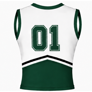 Haut d'uniforme de cheerleading vert foncé personnalisé par le fabricant, sans manches, col en V, pour équipe de danse athlétique, performance et compétition, vêtements de sport - Product Image 2
