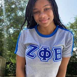 Camiseta Premium Gris Zeta Phi Beta con Bordado Azul de Letras Griegas para Mujer, Tela Suave, Estilo Casual y Elegante - Product Image 1