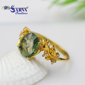 Bague plaquée or pour femme avec pierre précieuse en agate mousse naturelle, design végétal vintage, sertissage à griffes, pour usage quotidien - Product Image 3