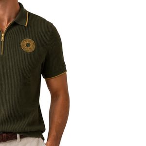 Olive Green Men Knitted <b>Polo</b> Shirt Gold Zipper Short Sleeve Luxury Casual Summer Top Textured Fabric Custom Designer Golf Shirt - Product Image 4