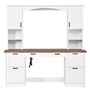 Farmhouse Arched Computer Desk with Hutch Mid Century Walnut Home <b>Office</b> <b>Workstation</b> Charging Station and Keyboard Tray - Product Image 1