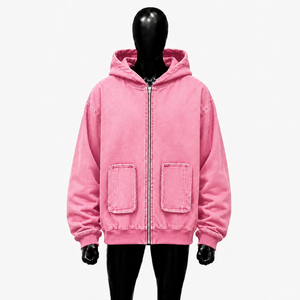 Sudadera con capucha rosa lavada de gran tamaño con cremallera completa, estilo vintage streetwear, corte holgado, con bolsillos delanteros dobles con parche. - Product Image 1