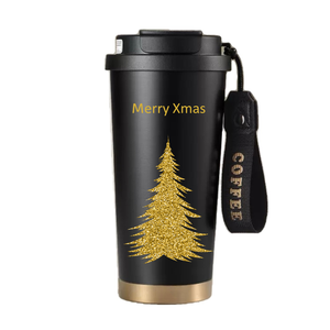 316 Black Stainless Steel Vacuum <b>Insulated</b> Coffee <b>Mug</b> with Lid with Dual drinking and various gold pattern - Product Image 2