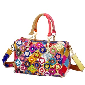 Ando Bag Genuine Cowhide Leather <b>Handbag</b> Women Floral Patchwork Top <b>Handle</b> Bag with Detachable Shoulder Strap - Product Image 1