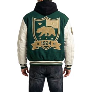 Veste universitaire en cuir et laine de haute qualité, à capuche, vert foncé, avec broderie de patch C, manteau de type Letterman, veste bomber en polaire, vestes Letterman - Product Image 2