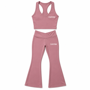 Conjunto Deportivo de Dos Piezas para Mujer: Top Corto con Cuello en V y Leggings Acampanados con Cintura Cruzada, Ropa Deportiva, Traje de Yoga, Conjunto de Fitness - Product Image 3