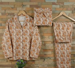 Conjunto de Pijama de Algodón Puro con Estampado a Mano, Tejido Térmico, para Mujer, Exportación de India - Product Image 3