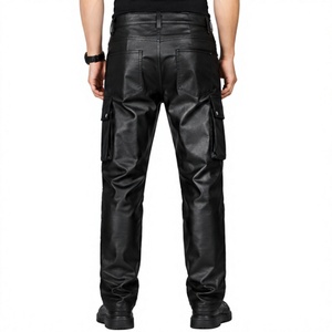 Pantalon de motard décontracté multi-poches coupe slim de haute qualité en cuir véritable, style punk hip-hop pour hommes - Product Image 2