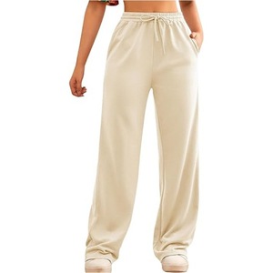 Pantalon large pour femmes grandes tailles, couleur unie, coupe ample, taille à cordon, décontracté, longueur intégrale, pantalon de survêtement en tricot avec poches - Product Image 1