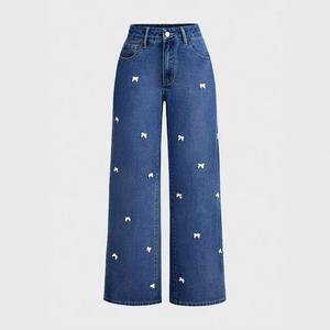 New Design Baggy Wide Leg Jeans Denim Pants Ladies Straight Washed High Waist Women's Boyfriend Jeans With Bow - Product Image 1