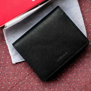 Cartera Corta Delgada Unisex de Cuero Genuino, Diseño Minimalista Plegable, Cierre de Botón, Negra, para Uso Diario - Product Image 1