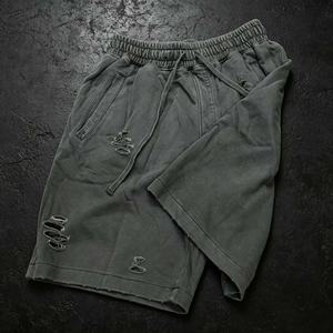 Mens Vintage Distressed Denim Shorts Custom Ripped Destroyed Acid Wash Casual Streetwear Drawstring <b>Knee</b> Length Summer - Product Image 3