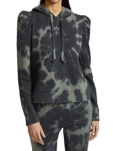 Sudadera con capucha personalizada para mujer, con hombros abullonados, de algodón French Terry, con efecto tie-dye en espiral, color verde oliva, ajustada, OEM al por mayor - Product Image 6