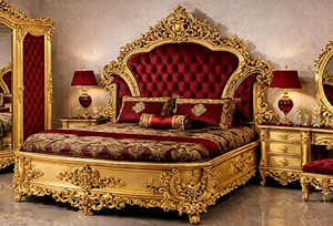 ชุดเฟอร์นิเจอร์ห้องนอนดีไซน์หรูหราสีทองพร้อมลวดลายแกะสลัก  ชุดห้องนอนหรูหราแบบพระราชวังพร้อมที่เก็บของ  ผลิตในสหรัฐอเมริกา - Product Image 2