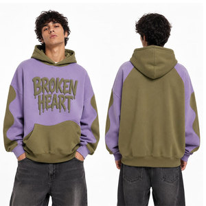 Sweat-shirt à capuche oversize avec blocs de couleur, manches raglan, imprimé en relief, logo cœur brisé, unisexe, streetwear d'automne, en molleton de coton - Product Image 2