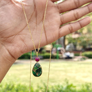 Minimalist gemstone <b>necklace</b> mohave <b>ruby</b> with emerald copper turquoise double stone pendant 18k gold plated bezel set <b>necklace</b> - Product Image 5