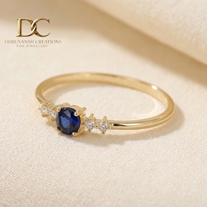 Handcrafted 14KT Solid Gold <b>Ring</b> With Lab Grown Diamond and Royal <b>Blue</b> Sapphire New Elegant Design Women's Wedding Jewelry - Product Image 2