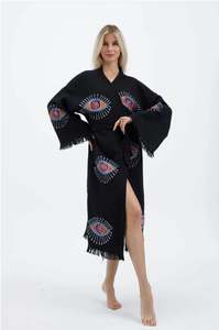 2026 Robe longue kimono en coton, motif œil protecteur, imprimée à la main, style ethnique bohème, vêtement de plage, veste hippie, peignoir de festival pour femme - Product Image 2