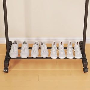 Double Tier Metal <b>Clothing</b> <b>Rack</b> With Wheels <b>Standing</b> Type Wardrobe Storage Holder Minimalist Style - Product Image 3