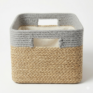 Eco Friendly Handwoven Water Hyacinth <b>Storage</b> <b>Baskets</b> with Gray Cotton Rim Rectangular Seagrass Organizer Bins for Home Decor - Product Image 2