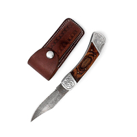 Couteau pliant à lame droite en acier Damas 15 cm, pointe clip, manche en bois, étui en cuir gravé, pour poche, extérieur, camping, chasse