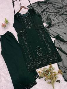 Conjunto de Salwar Kameez de Seda Verde Esmeralda para Mujer, Kurta Pajama Bordada con Cuentas hasta la Rodilla con Dupatta - Product Image 6