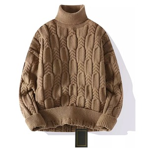 Suéter de cuello alto de punto marrón para hombre, jersey grueso de punto trenzado, cálido para invierno, manga regular, color sólido - Product Image 3