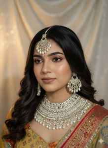 Parure de collier de mariée vintage en cuivre plaqué or avec perles d'imitation, boucles d'oreilles en émail vert et Maang Tikka – Cadeau de mariage ou de fiançailles indien - Product Image 2