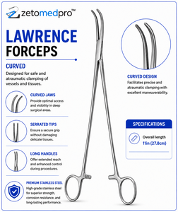 Pinzas Quirúrgicas Curvas LAWRENCE, Longitud Total 11in (27.8cm), Instrumento Quirúrgico para Agarrar Tejidos ZETOMEDPRO - Product Image 3