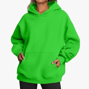 Unisex Green Oversized Hooded Sweatshirt Fleece Pocket Long Sleeve Solid Color Autumn Wear Knitted Regular Fit - Product Image 1