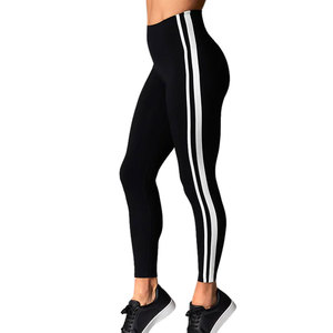 High Waist Full Length Yoga <b>Leggings</b> With <b>White</b> Side Stripe Contrast Stitch Four-Way Stretch Seamless Workout Pants - Product Image 1