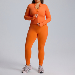 Pink Plus Size 2 Piece Yoga Set High Waist Full Length Leggings Long Sleeve Zipper Crop <b>Top</b> Seamless Sportswear - Product Image 5