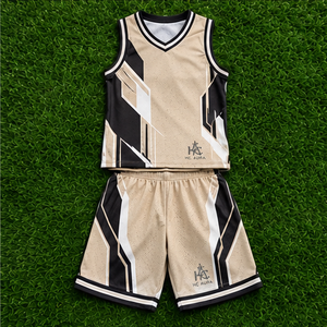 Ensemble d'uniformes de basketball unisexe tendance, beige et noir, sublimé, col en V, sans manches, anti-humidité, coupe athlétique, logo personnalisé - Product Image 2