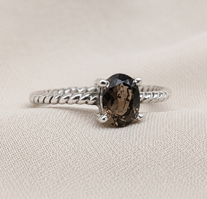 Anillo de compromiso clásico de plata de ley 925 con cuarzo ahumado natural de 5x7 mm, engaste de garras, forma ovalada, para mujer, regalo para ella - Product Image 3
