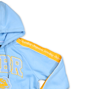 Vente en gros de sweats à capuche personnalisés 100% coton, style grec, avec patch brodé, pour femmes, de haute qualité, couleur ciel et or - Product Image 4