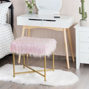 Pouf ottoman luxueux en fausse fourrure avec base en métal doré - Product Image 2