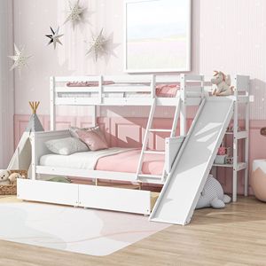 Cama litera doble sobre matrimonial gris con cajones deslizantes, camas infantiles de madera de caucho con tobogán, estantes y escalera - Product Image 1