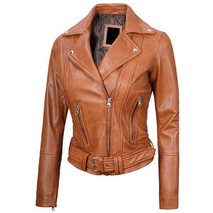 Brown PU <b>Leather</b> Moto <b>Jacket</b> Men Slim Fit Zipper Closure Belted Biker Style Autumn <b>Winter</b> Wear For Women - Product Image 2