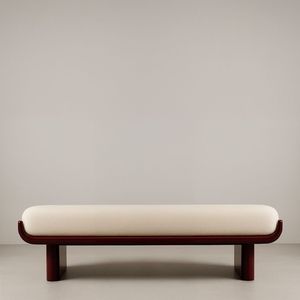 Nordic Style Curved Wood <b>Long</b> Bench Aesthetic Cream Fabric <b>Cushioned</b> Ottoman For Luxury Villa Project - Product Image 2