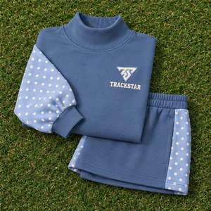 Women's Dusty Blue Polka Sleeve Mock Neck 2-Piece <b>Shorts</b> <b>Set</b> Custom Casual Sportswear - Product Image 6