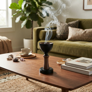 Ensemble brûleur d'encens noir mat et bois avec coupelles profondes, colonnes centrales en bois et bases circulaires robustes pour la décoration - Product Image 3