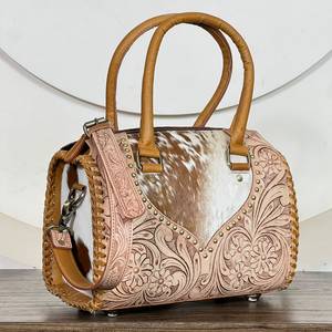 Floral Design Genuine Tooled Cowhide Leather Western Medium Size Speedy Bag Handcrafted Women's Fashion Shoulder Handbags - Product Image 3