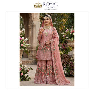 Suministro al por mayor de ropa de estilo indio: el mejor traje Sharara de seda Fendi pura para fiestas, con bordado pesado y lentejuelas, y detalles hechos a mano. - Product Image 2