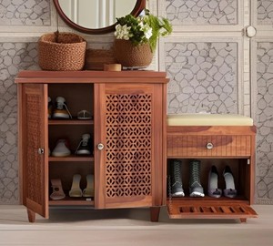Solid Wood Shoe Cabinet with Bench | 2-in-1 Fretwork Door Shoe Rack and Upholstered Seat | Wholesale Entryway Furniture - Product Image 3