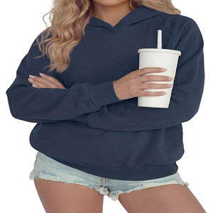 Women's Navy Blue Hooded Fleece Sweatshirt Polyester/Cotton Blend Regular Fit Solid Color Pullover Pockets Winter Wear - Product Image 1