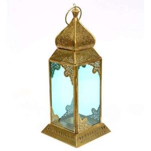 Handmade <b>Moroccan</b> Style Metal Hanging Lantern Tea <b>Light</b> Candle Holder With Blue Glass Panels Gold Finish Iron Decorative Lantern - Product Image 1