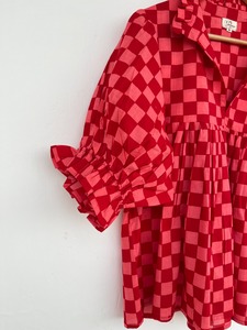 Women Red Pink Checkered Cotton Blouse Ruffle Collar Babydoll <b>Top</b> Casual Summer Boutique Shirt Elastic Cuff Boho Spring Blouse - Product Image 3